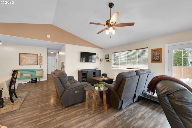 living area featuring vaulted ceiling, wood finished floors, and ceiling fan