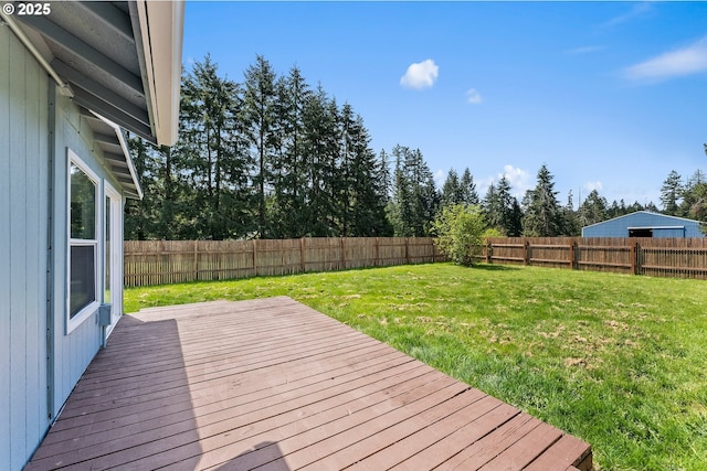 deck featuring a lawn and a fenced backyard