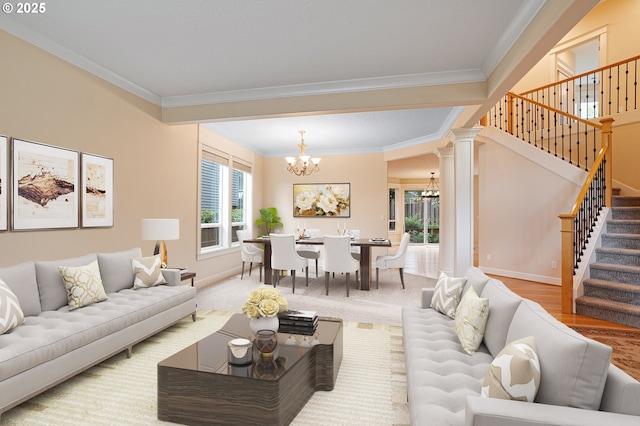 3578 NW Gerritz Ter, Portland, OR 97229 - living room with crown molding, a chandelier, healthy amount of natural light, stairway, and baseboards