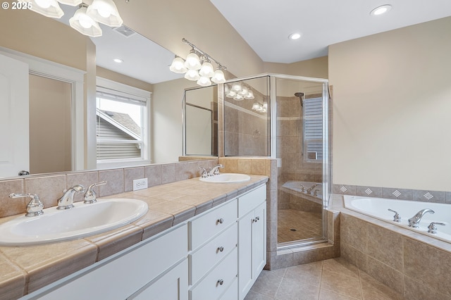 3578 NW Gerritz Ter, Portland, OR 97229 - full bath featuring a bath, double vanity, a shower stall, tile patterned flooring, and recessed lighting