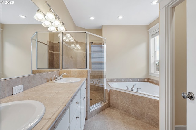 3578 NW Gerritz Ter, Portland, OR 97229 - bathroom featuring a shower stall, double vanity, a garden tub, tile patterned flooring, and recessed lighting