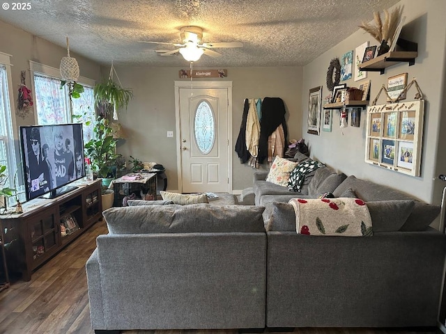 living room featuring ceiling fan, a textured ceiling, and dark hardwood / wood-style flooring