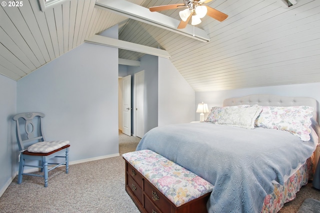 bedroom featuring lofted ceiling with beams, wood ceiling, baseboards, and light colored carpet