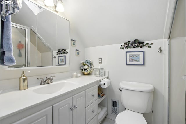 full bathroom with a shower stall, lofted ceiling, visible vents, toilet, and vanity