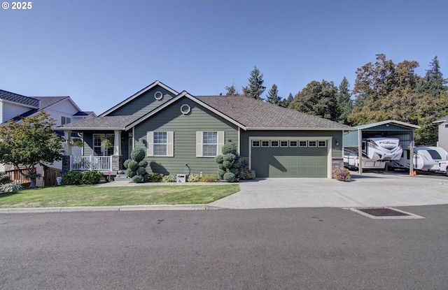 ranch-style home featuring an attached garage, concrete driveway, a front lawn, a porch, and a shingled roof