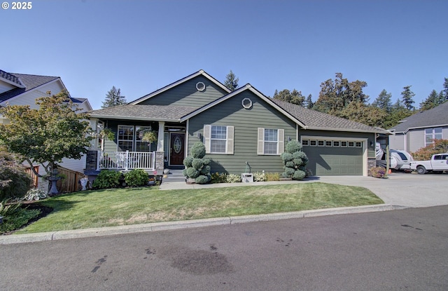 ranch-style house featuring concrete driveway, a garage, a front lawn, covered porch, and roof with shingles