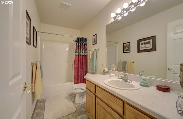 bathroom featuring toilet, vanity, and shower / bath combination with curtain