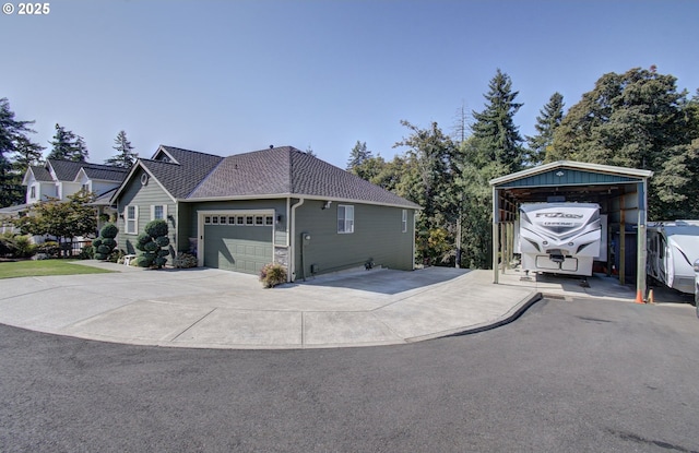view of property exterior with a detached carport and a garage