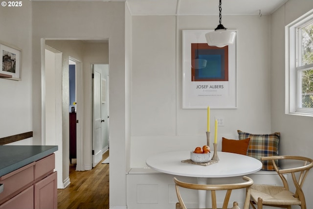 dining room featuring plenty of natural light, breakfast area, and wood finished floors