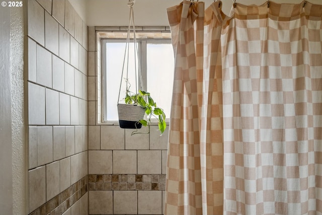 bathroom with a wealth of natural light and a shower with shower curtain