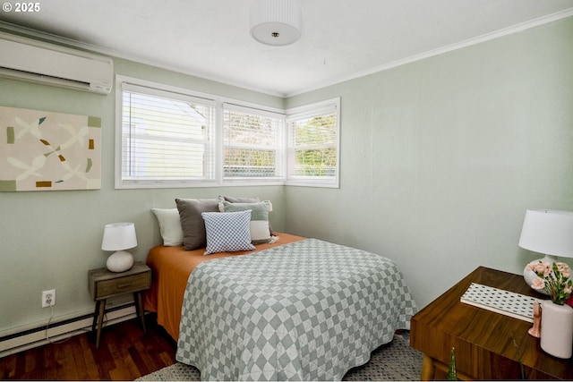 bedroom featuring an AC wall unit, crown molding, wood finished floors, and a baseboard radiator