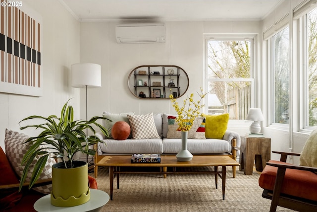 sunroom featuring an AC wall unit