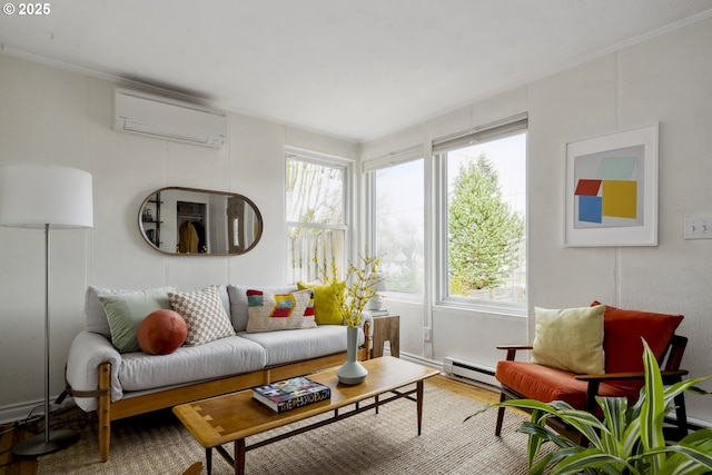 living room with an AC wall unit, wood finished floors, a healthy amount of sunlight, and a baseboard radiator