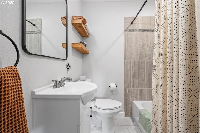 6955 N Concord Ave, Portland, OR 97217 - full bath featuring vanity, toilet, shower / bathtub combination with curtain, and marble finish floors