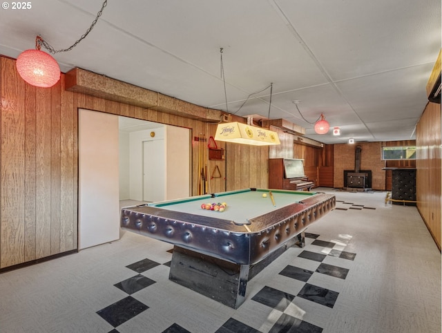 3123 SE 129th Ave, Portland, OR 97236 - rec room featuring wooden walls, carpet floors, a wood stove, and pool table