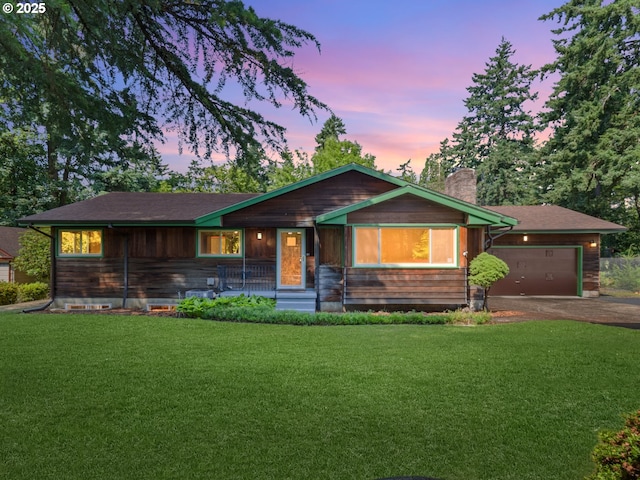 3123 SE 129th Ave, Portland, OR 97236 - single story home with a chimney, asphalt driveway, a front lawn, and a garage