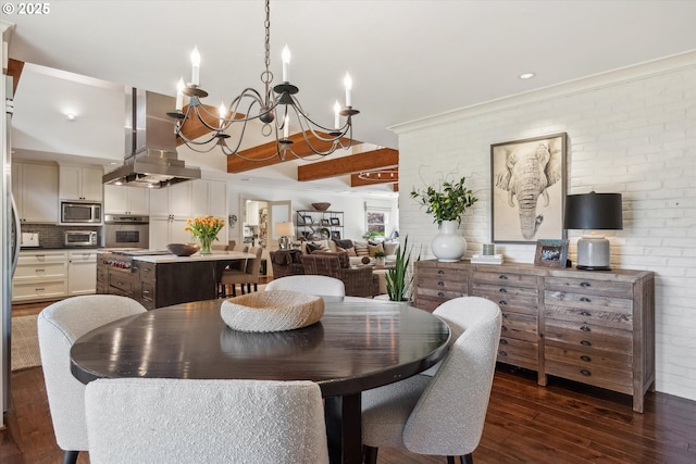 2550 Dellwood Dr, Lake Oswego, OR 97034 - dining area featuring brick wall, dark wood finished floors, and a chandelier