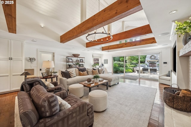2550 Dellwood Dr, Lake Oswego, OR 97034 - living area featuring light wood-style flooring, high vaulted ceiling, beam ceiling, and recessed lighting