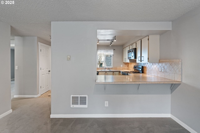 13216 NE Salmon Creek Ave Unit E8, Vancouver, WA 98686 - kitchen with range with gas cooktop, stainless steel microwave, carpet flooring, a sink, and a textured ceiling
