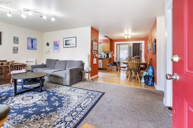 living area featuring light carpet and a textured ceiling