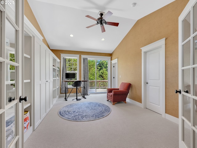 10305 Pine Ridge Dr, Manzanita, OR 97130 - sitting room with vaulted ceiling, french doors, carpet, and a ceiling fan