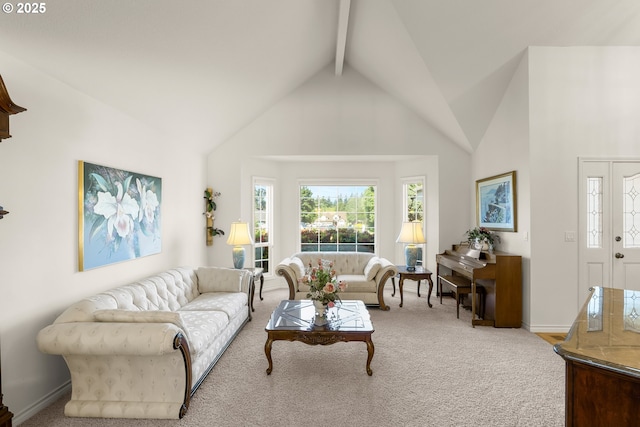 15150 SE Lostine Dr, Clackamas, OR 97015 - living area featuring carpet floors, beamed ceiling, and high vaulted ceiling