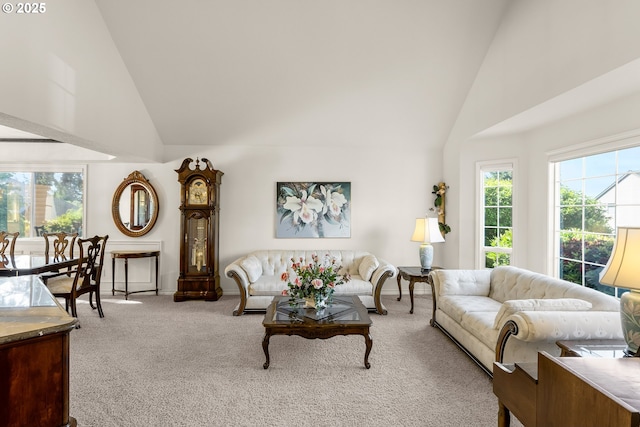 15150 SE Lostine Dr, Clackamas, OR 97015 - living area featuring high vaulted ceiling and carpet flooring