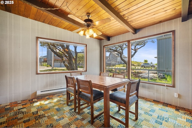 8890 Ocean Crest Ln, Manzanita, OR 97130 - dining room with a baseboard radiator, wood ceiling with exposed beams, ceiling fan, and wood walls