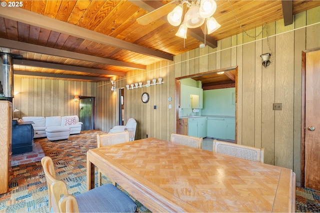 8890 Ocean Crest Ln, Manzanita, OR 97130 - dining area featuring wood walls, a ceiling fan, and wooden ceiling with exposed beams