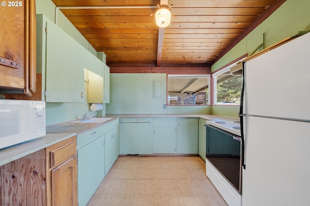 8890 Ocean Crest Ln, Manzanita, OR 97130 - kitchen featuring white appliances, wooden ceiling with exposed beams, a sink, light countertops, and light floors