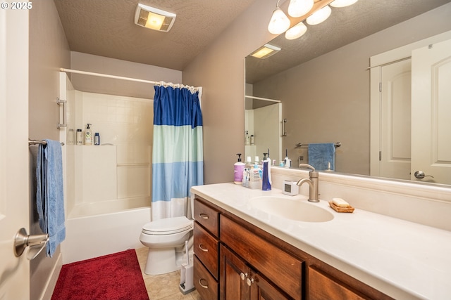 bathroom with toilet, shower / tub combo with curtain, visible vents, tile patterned flooring, and vanity