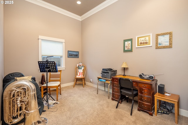 home office with ornamental molding, carpet flooring, and baseboards