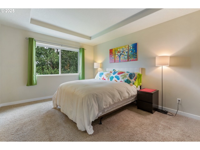 carpeted bedroom featuring baseboards and a tray ceiling