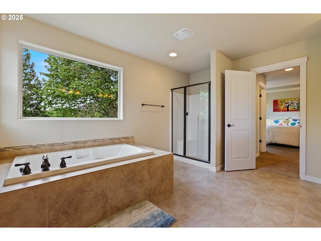 full bath featuring a garden tub, tile patterned flooring, a shower stall, ensuite bathroom, and recessed lighting