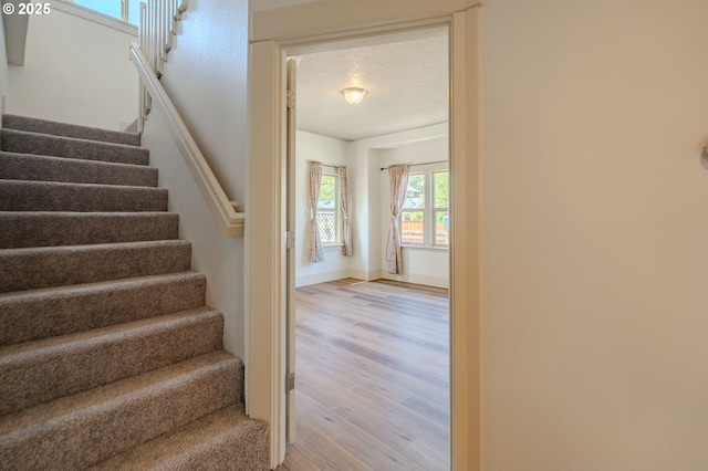 7906 SE Woodstock Blvd, Portland, OR 97206 - staircase featuring wood finished floors and a textured ceiling