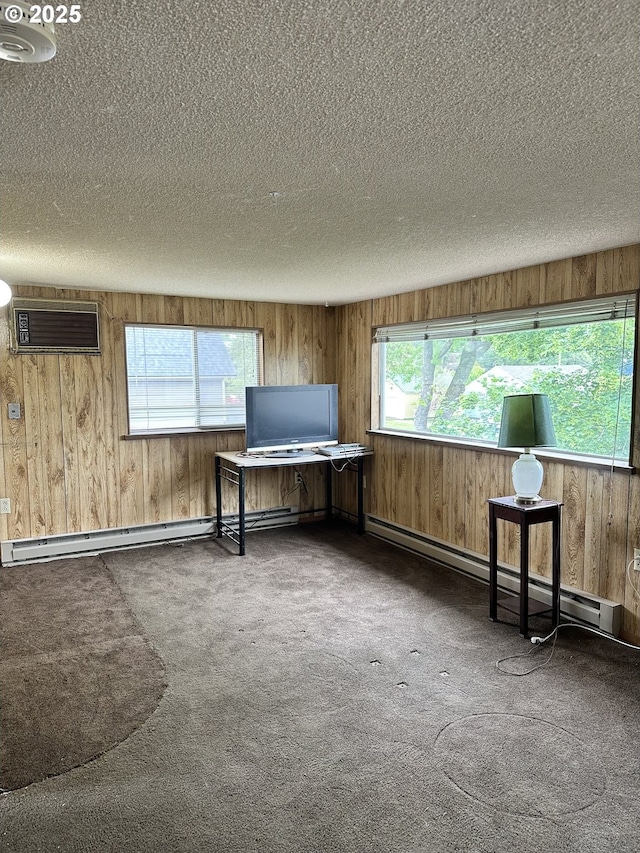 309 E Van Buren St, Athena, OR 97813 - home office featuring a wall mounted AC, a textured ceiling, carpet flooring, a baseboard radiator, and healthy amount of natural light
