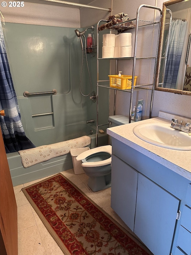 309 E Van Buren St, Athena, OR 97813 - bathroom featuring toilet, shower / tub combo with curtain, vanity, and tile patterned flooring