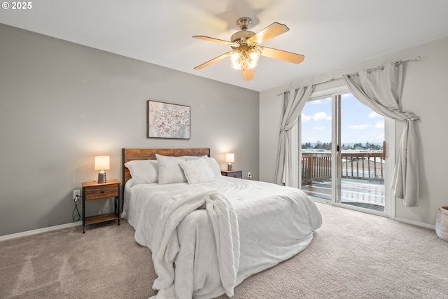 carpeted bedroom with access to outside and ceiling fan