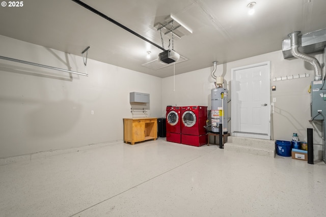 garage with water heater and a garage door opener