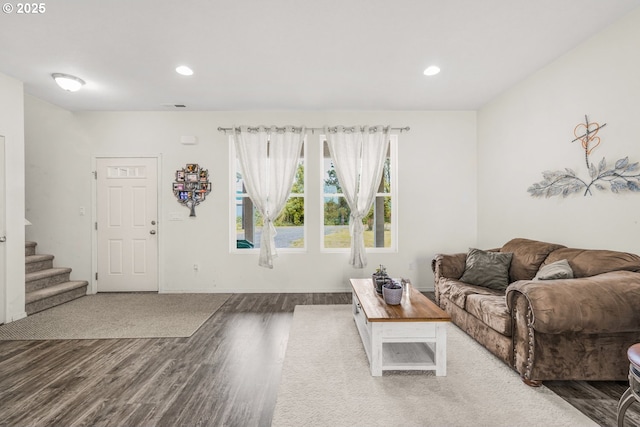 18385 Inglis Rd, Clatskanie, OR 97016 - living room featuring wood finished floors, stairs, and recessed lighting