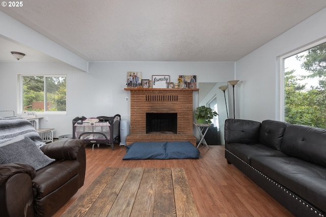 living room with a textured ceiling, a fireplace, and wood-type flooring