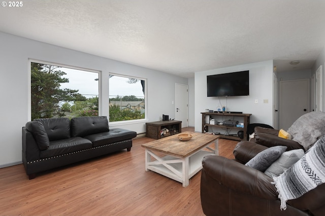 living room featuring a textured ceiling and light hardwood / wood-style flooring