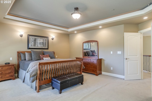 16572 SE Oak Meadow Ct, Damascus, OR 97089 - bedroom with a tray ceiling, light colored carpet, and recessed lighting