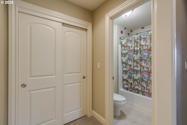 16572 SE Oak Meadow Ct, Damascus, OR 97089 - bathroom with shower / tub combo, a textured ceiling, and tile patterned floors