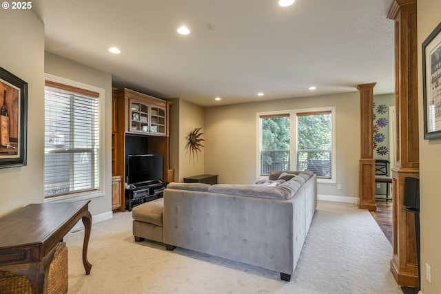 16572 SE Oak Meadow Ct, Damascus, OR 97089 - living area featuring light colored carpet, recessed lighting, and ornate columns