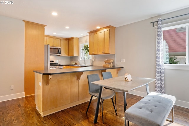 511 NE Skidmore St, Portland, OR 97211 - kitchen with stainless steel appliances, recessed lighting, a peninsula, dark countertops, and a kitchen bar