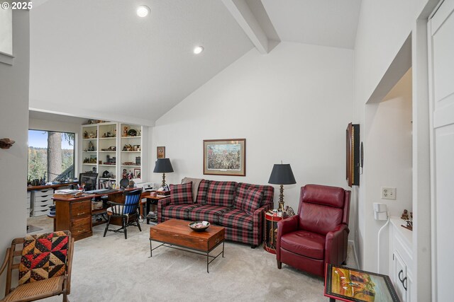 living room featuring lofted ceiling and light carpet