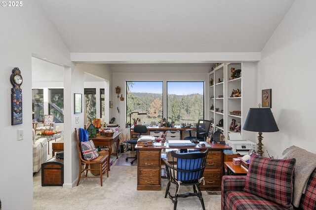 living room featuring lofted ceiling with beams and light carpet