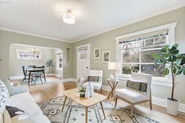 living area featuring ornamental molding, a healthy amount of sunlight, arched walkways, and light wood-type flooring