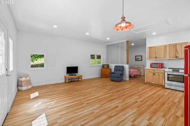 38383 Cartwright Creek Rd, Marcola, OR 97454 - living area with attic access, light wood finished floors, recessed lighting, and baseboards
